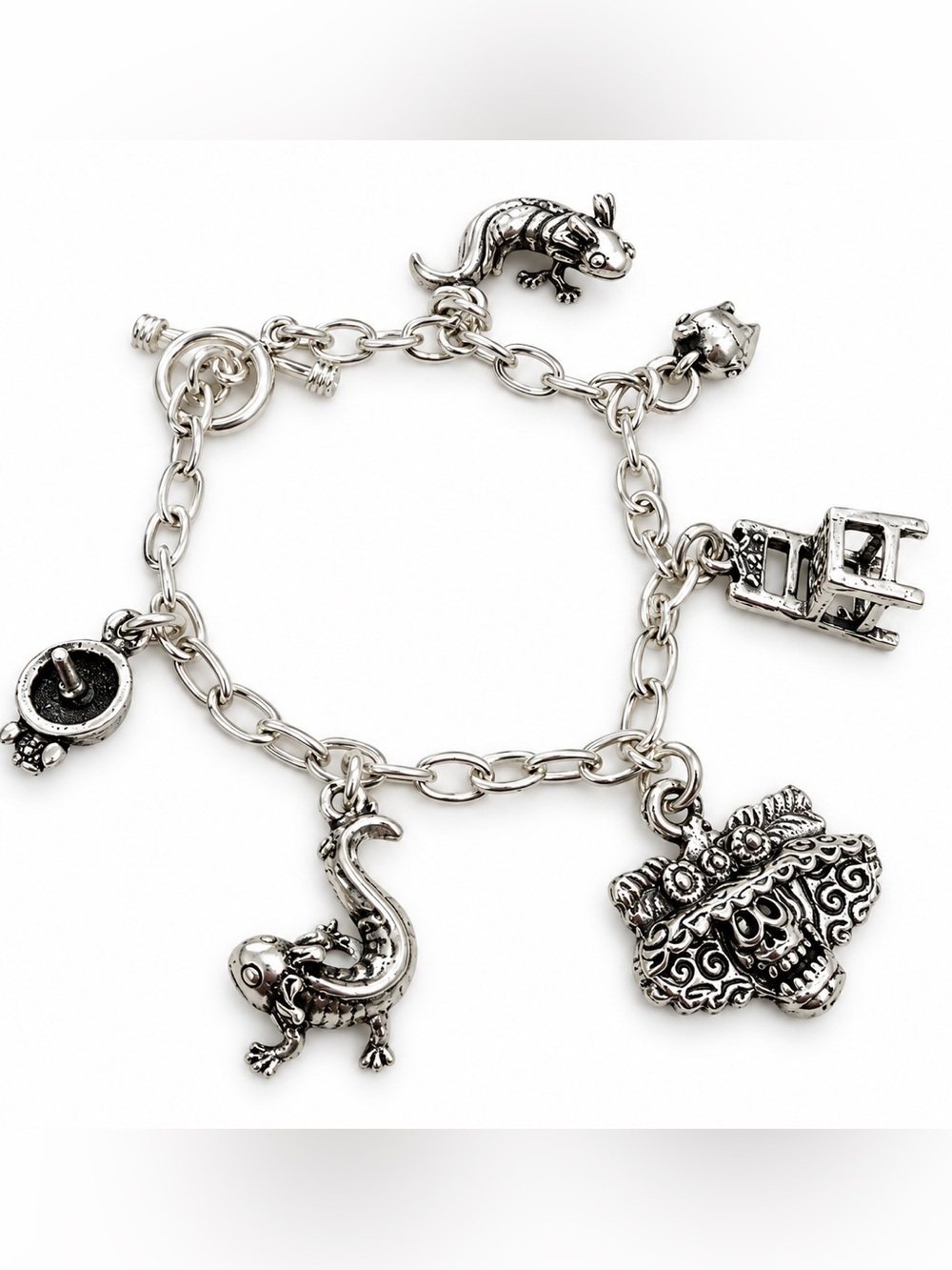 Sterling Silver-Tone Charm Bracelet with Lizard and Mask Charms